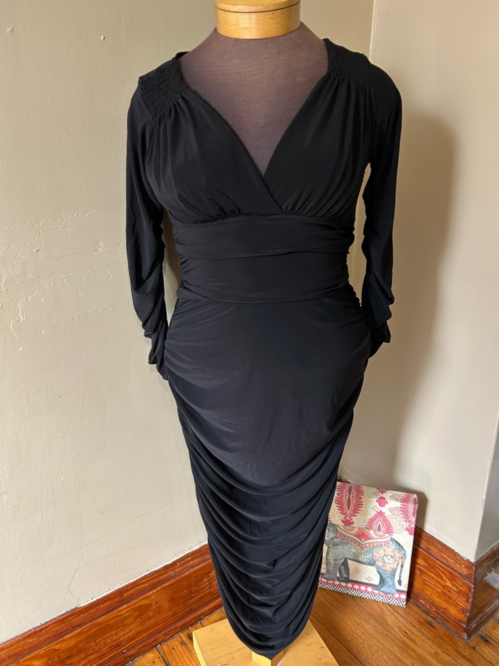 Norma Kamali Dress Sz M/38 Tara Midi Ruched Evening Black Elegant Cocktail